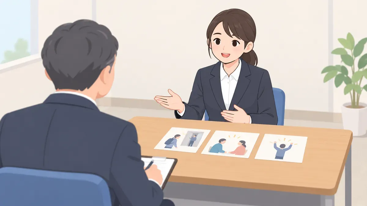 面接で絵を見ながら英語で説明する場面