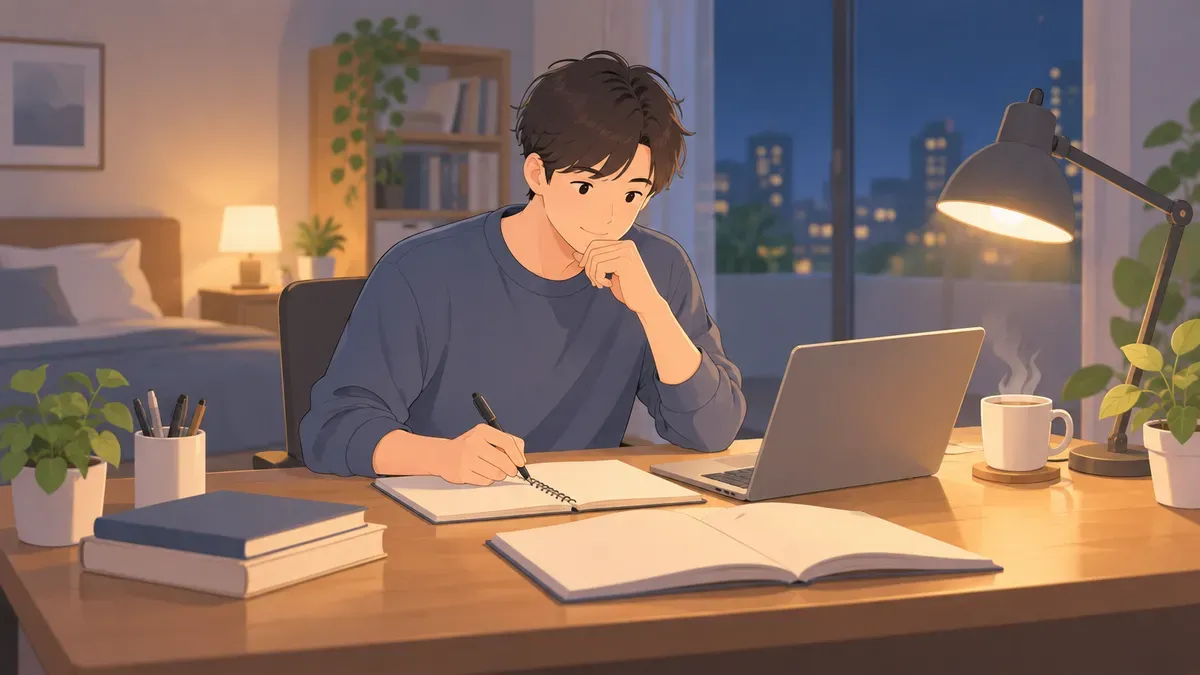 夜の机でノートを広げ、資格の勉強期間を見積もっている社会人の様子