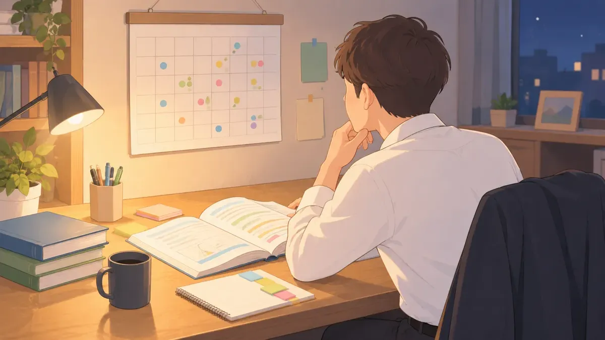 仕事帰りに短時間で勉強する会社員