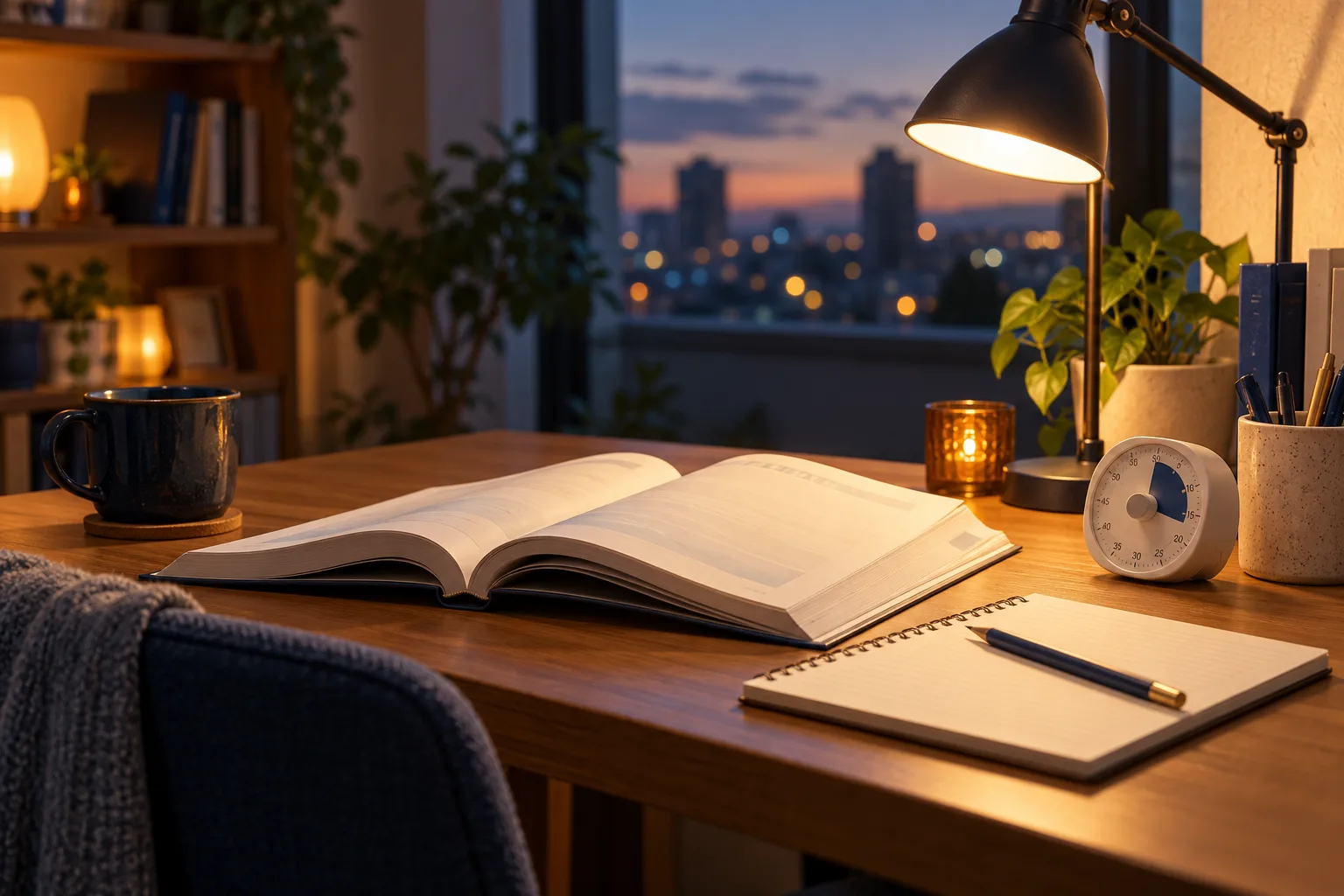 夜の机で資格の勉強をするイメージ画像
